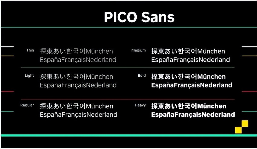 　　PICO Sans超大字符集包含6个不同字重，支持多个语种