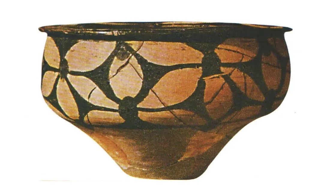 河南三门峡庙底沟遗址出土的仰韶文化中期彩陶花瓣纹盆.