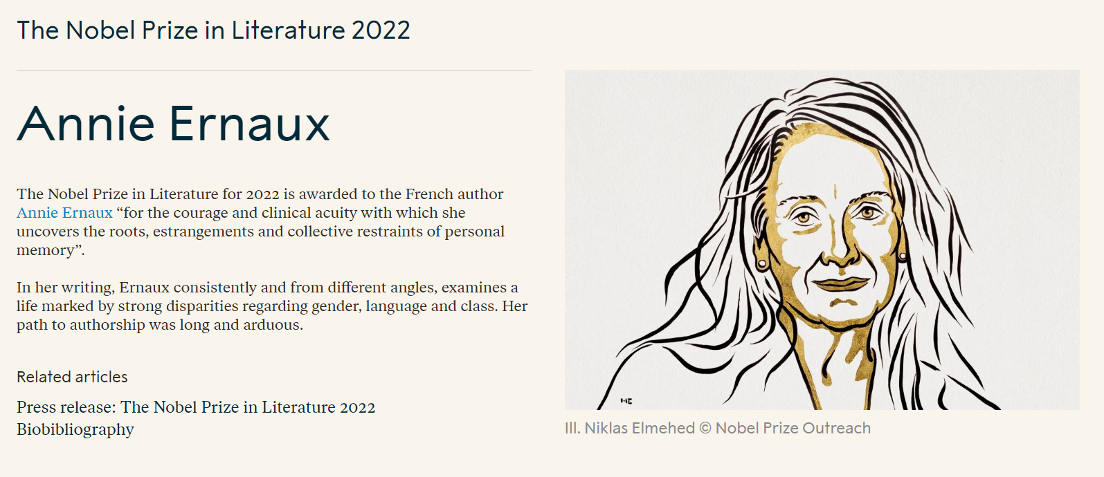 “法国”2022年诺贝尔文学奖获得者为安妮·埃尔诺