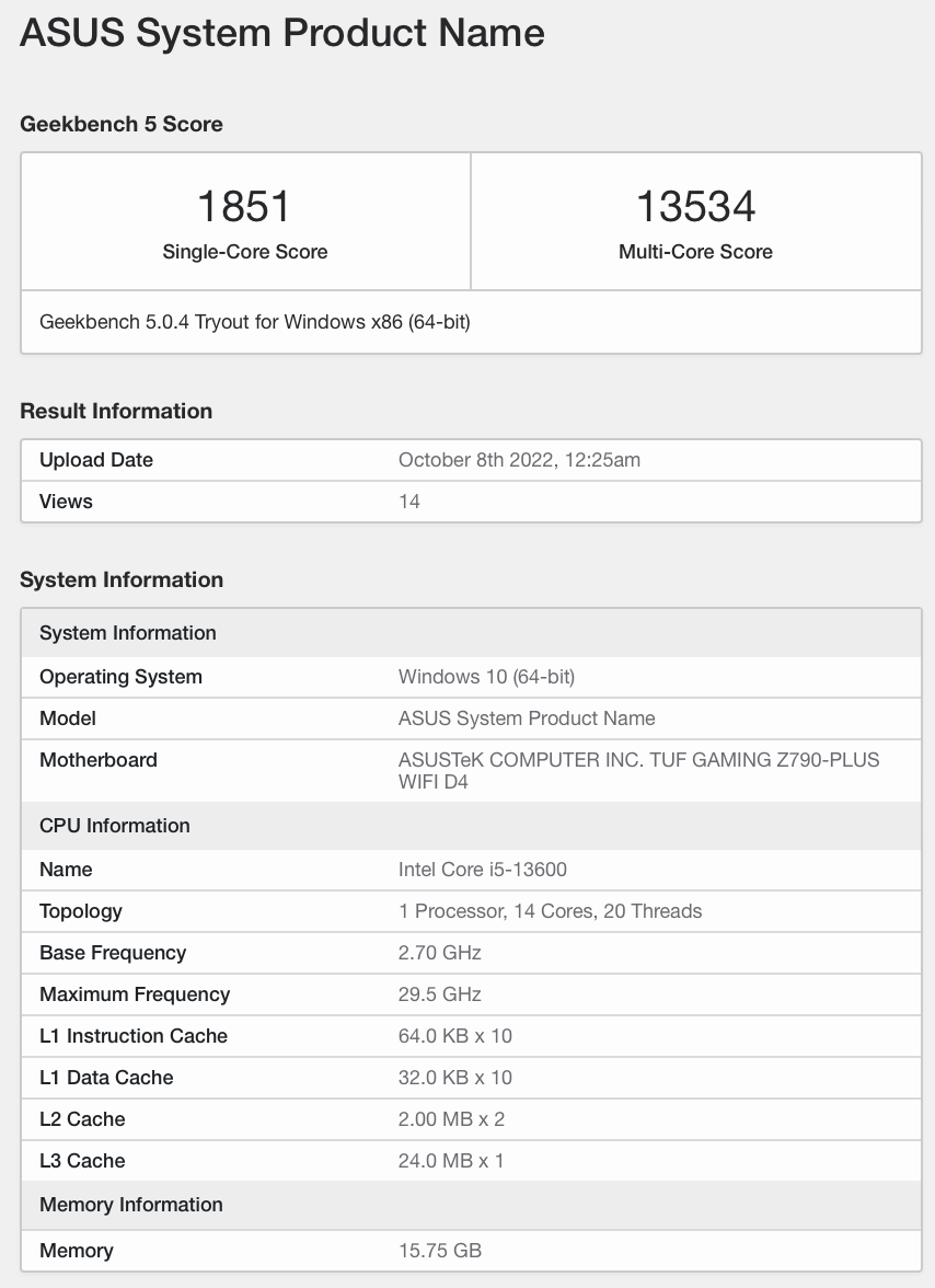 英特尔i5-13600处理器现身Geekbench：6大核+8小核