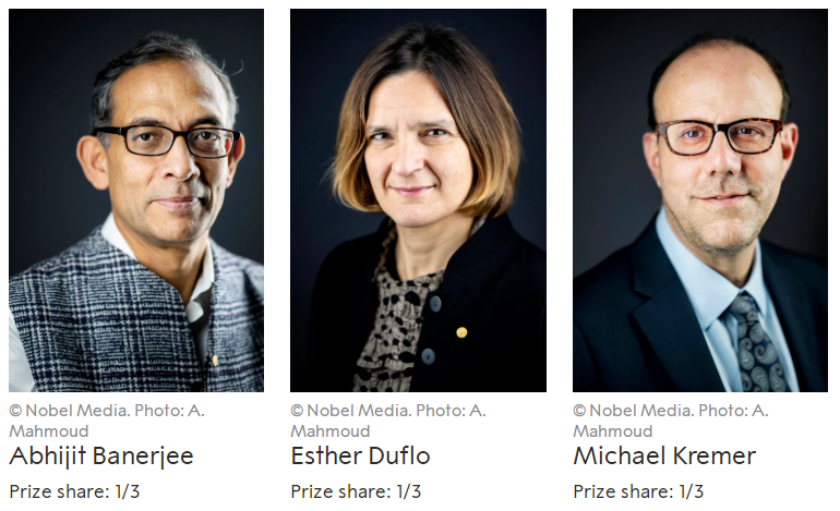 2019年诺贝尔经济学的三位获得者（图源：诺奖官网）
