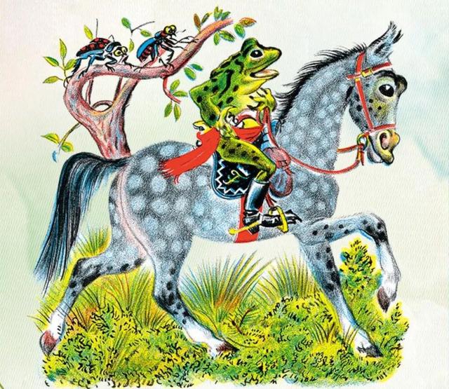 《青蛙娶亲记》插图。青蛙左佩枪右挂剑，穿着黑亮的高筒靴、骑着高头大马。