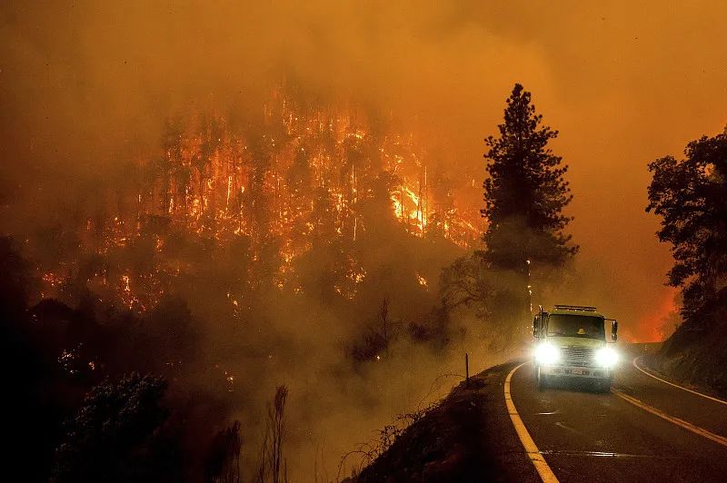 △当地时间7月30日，美国加州一辆消防车沿着加州96号公路行驶，大火在克拉马斯国家林地中燃烧。