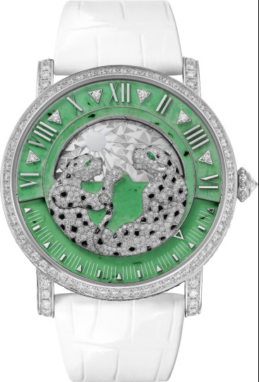 　　中国限定款作品，白金碧玉猎豹装饰昼夜显示腕表
