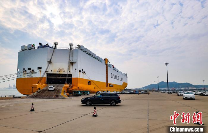 大连汽车码头顺利完成“格兰德米拉菲奥里”轮4700余辆新能源车装船作业任务。　赵光辉 摄