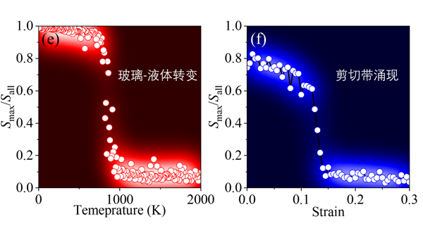 图2 非晶合金剪切带涌现与玻璃-液体转变相似的结构起源—二十面体结构网络崩塌。