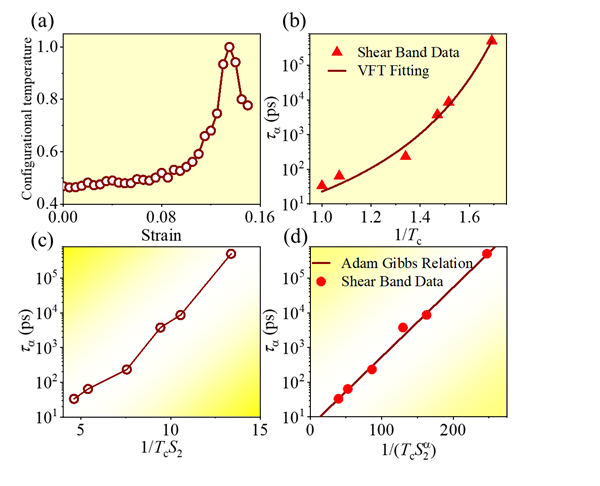 图3 利用经典的描述玻璃转变现象的VFT公式和Adam Gibbs理论定量验证非晶合金剪切带涌现过程的动力学变化特征