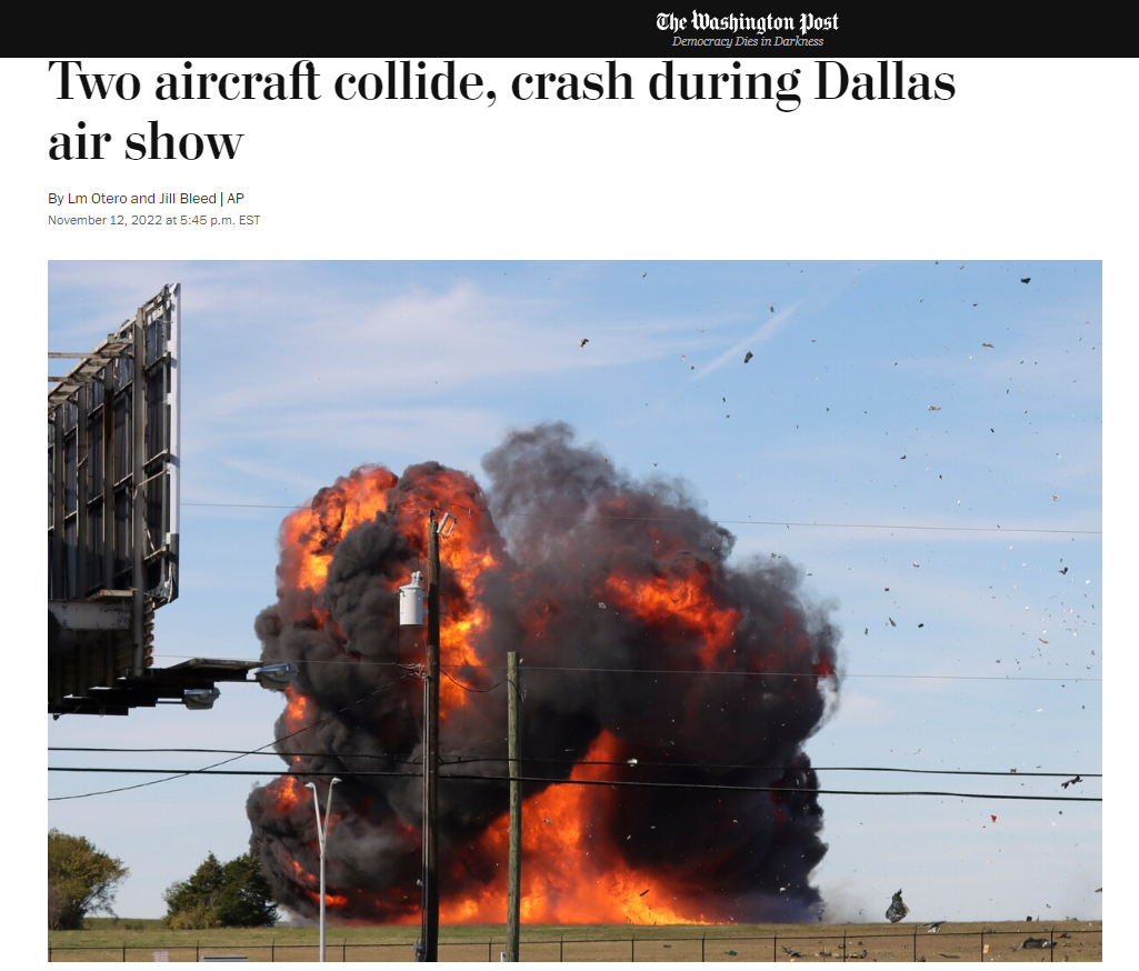 《华盛顿邮报》援引美联社消息报道称，两架飞机在达拉斯航展期间相撞（图片来源：环球网）