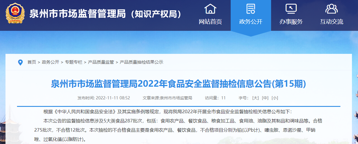 福建省泉州市市场监督管理局公布287批次食品抽检结果:不合格12批次_手机新浪网