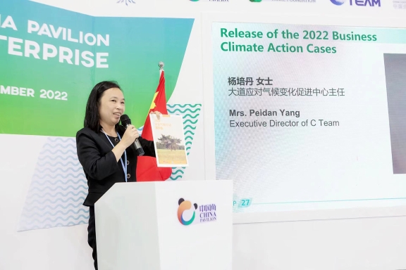 　　图说：CTeam主任杨培丹在COP27介绍《2022中国企业气候行动案例集》的项目价值