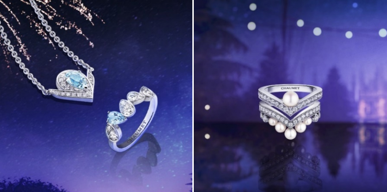 　　左图自左至右依次：CHAUMET Joséphine约瑟芬皇后系列白鹭海蓝宝石项链