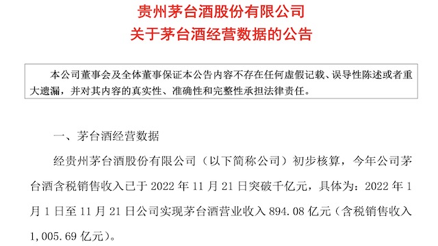 今年以来茅台酒营收达到894亿元，要超越去年全年缺口还有多大？