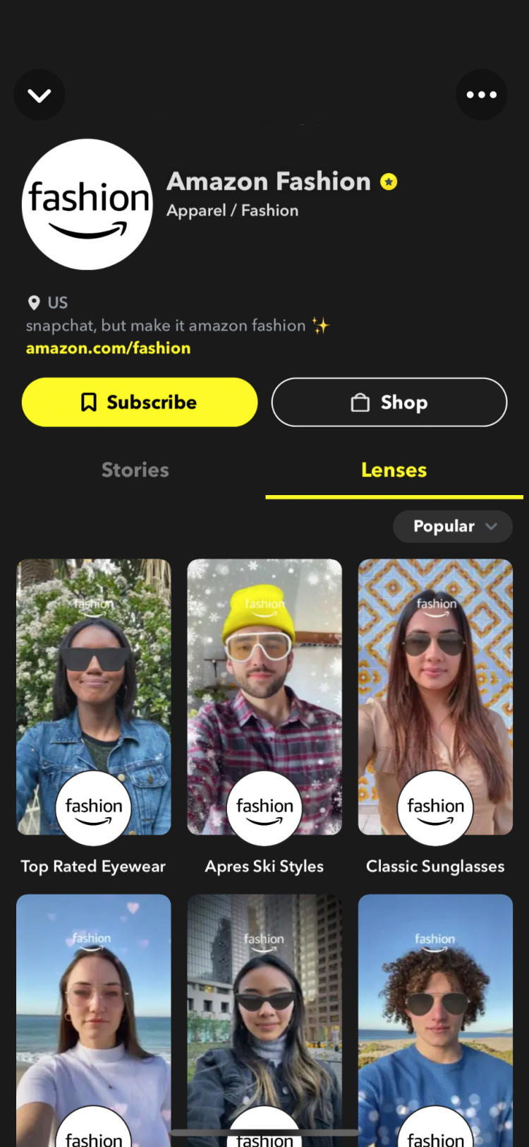 图源：Amazon Fashion 在 Snapchat 中的品牌主页（Public Profile）
