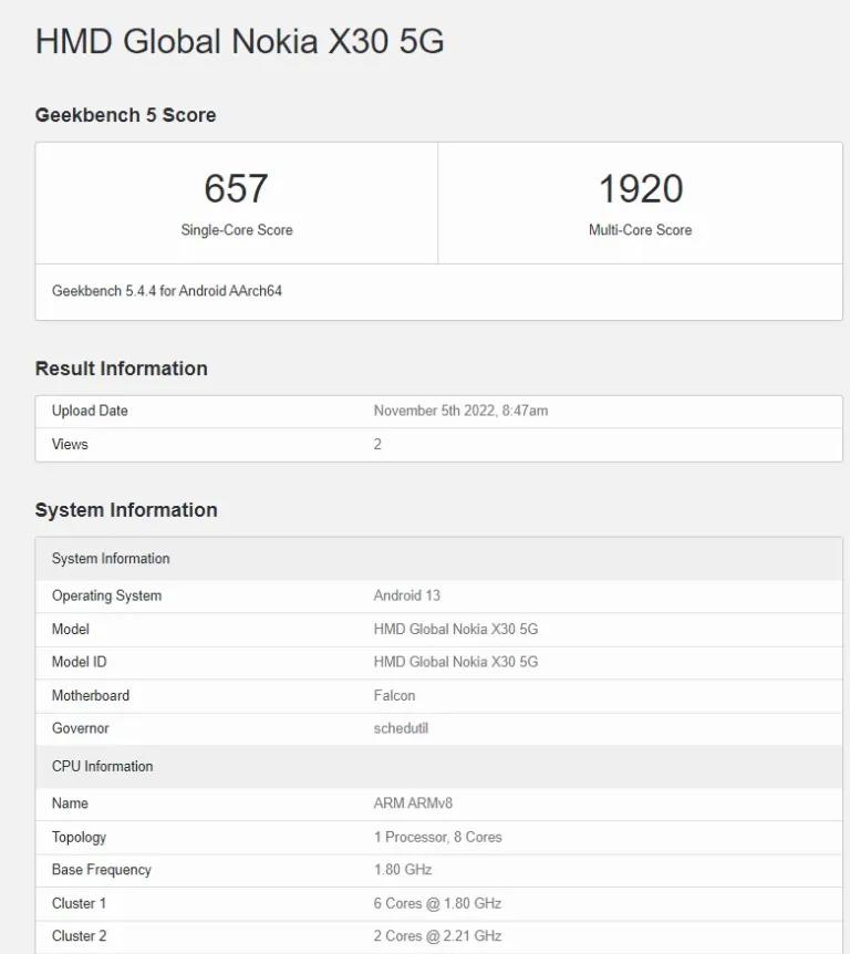 最新GeekBench跑分信息显示诺基亚X30正测试安卓13更新 
