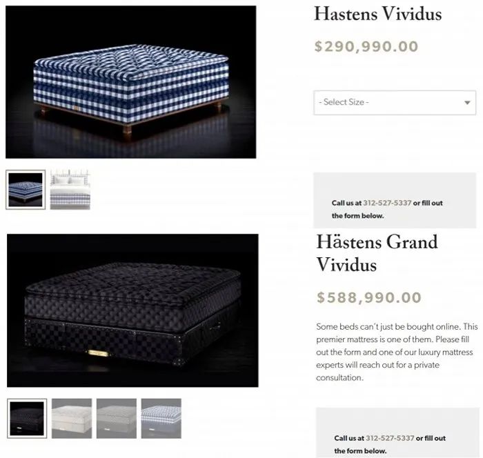 海丝腾售价最高的两款床垫。图片来源：海丝腾官网