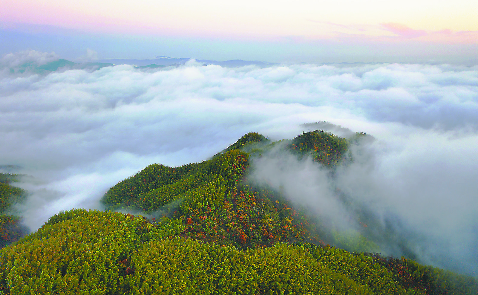 雨后天晴的六安市霍山县汪家冲出现日出云海的壮美景观.