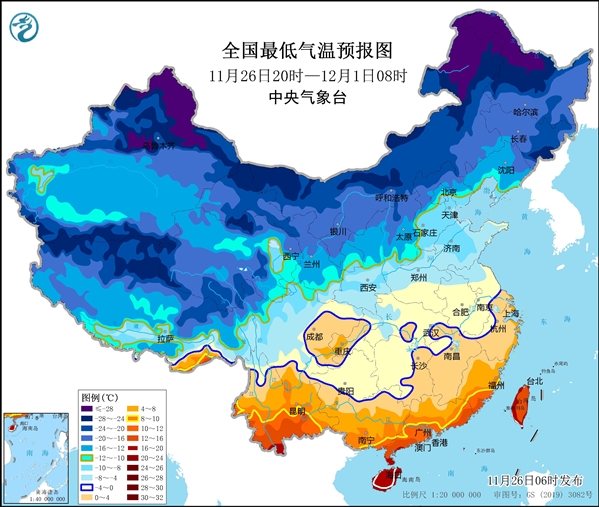 图2 全国最低气温预报图（11月26日20时-12月1日08时）