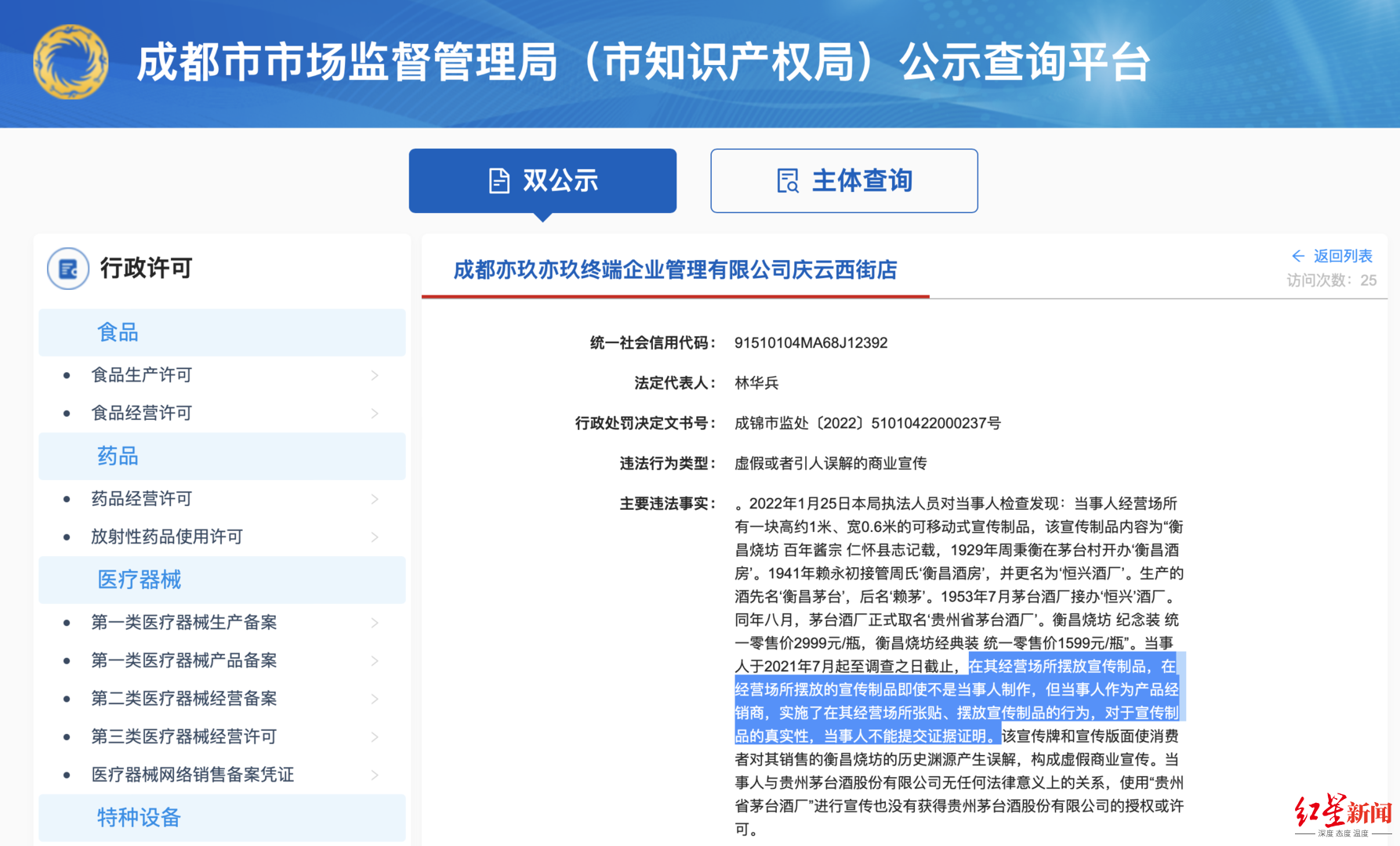 ↑市场监管部门对成都亦玖亦玖终端企业管理有限公司庆云西街店的处罚通知 成都市市场监管局官网截图