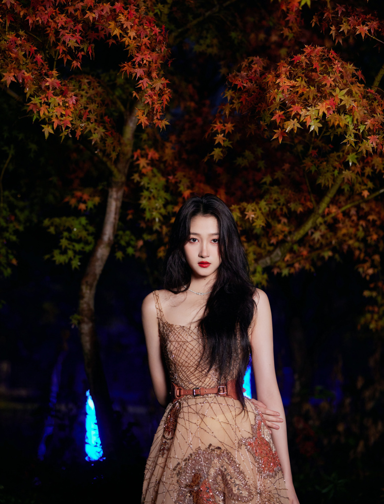 关晓彤微博视界大会红毯造型发布落叶棕刺绣礼服华丽精致