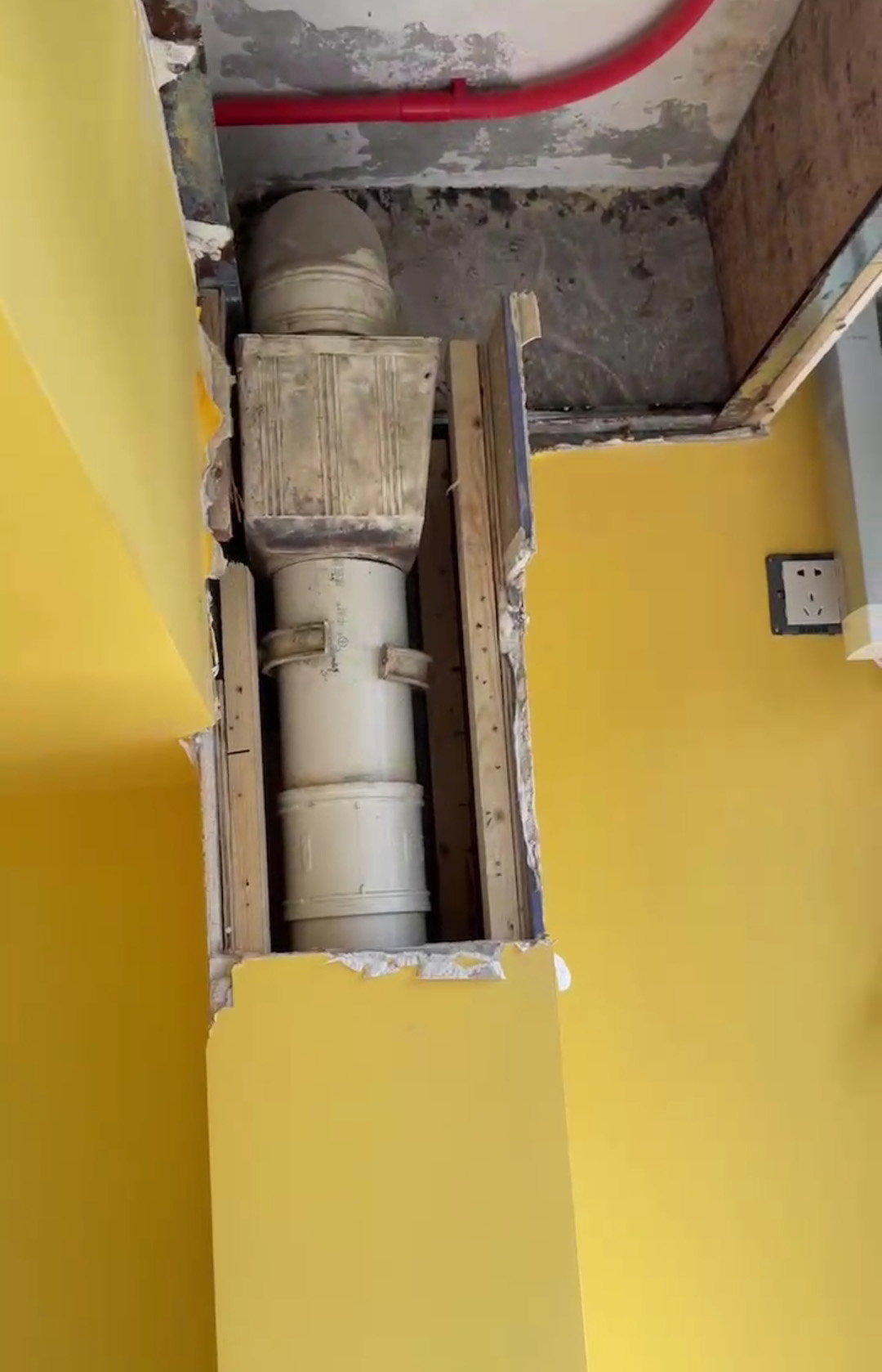 王先生说,通往下水道的管道没有封死,只是用石膏板从外面挡住.