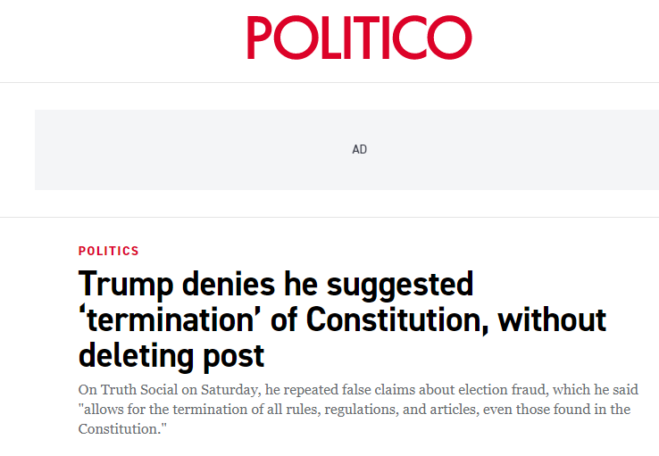 美媒：特朗普否认发表“终止宪法”言论，但原帖仍未删除