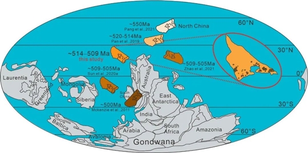 华北板块早寒武世古地理位置恢复（514-509 Ma）