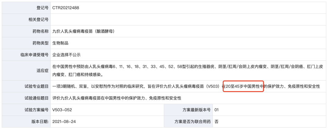 默沙东“佳达修9”登记了对20-45岁中国男性的临床试验。图源：药物临床试验登记与信息公示平台