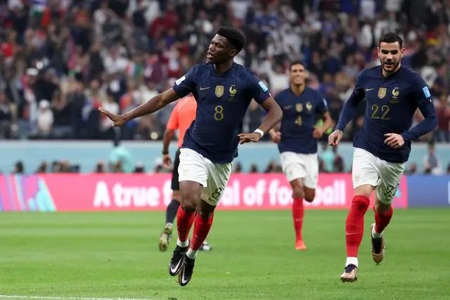 ↑法国队球员琼阿梅尼（左）在比赛中进球后庆祝。新华社记者 李明 摄