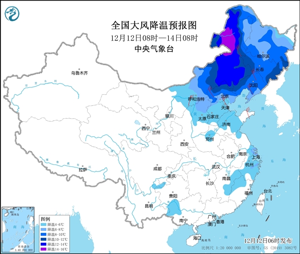 图1 全国大风降温预报图（12月12日08时至14日08时）