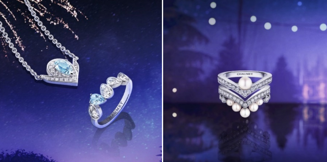 　　左图自左至右依次：CHAUMET Joséphine约瑟芬皇后系列白鹭海蓝宝石项链