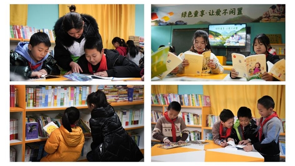 　　▲石溪小学的孩子们在图书馆内阅读着社会爱心人士捐赠的书籍