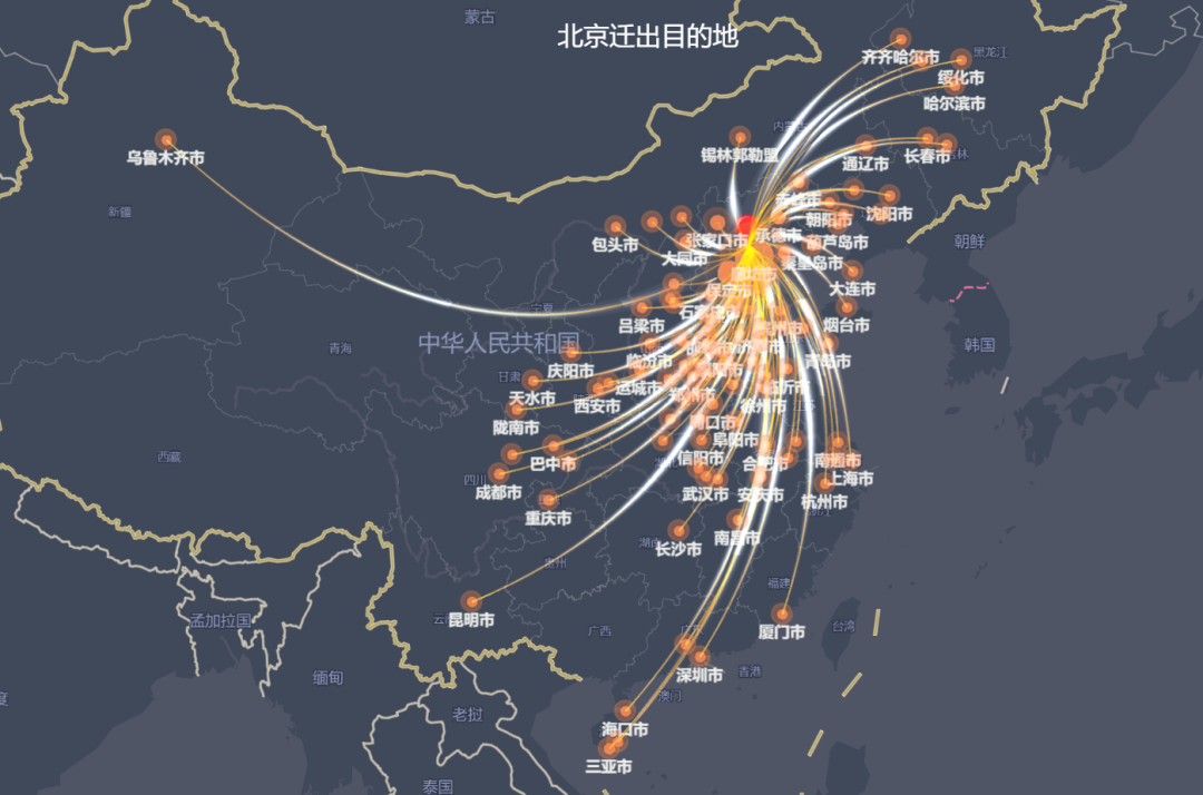 北京人口迁徙目的地&nbsp; 来源:百度地图