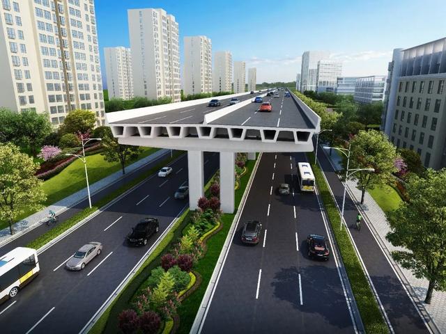 沪松快速路采用"主线高架 地面辅道"总体方案,路线走向沿既有沪松公路