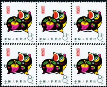 ▲美林设计的《癸亥年》猪年特种生肖邮票（1983）