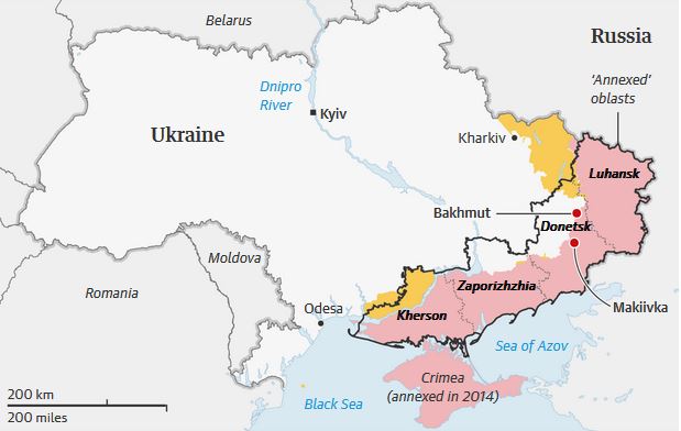 《卫报》制作的战局图，红点处为巴赫穆特，红色区域为俄罗斯占领地区，黄色区域为乌克兰夺回区域