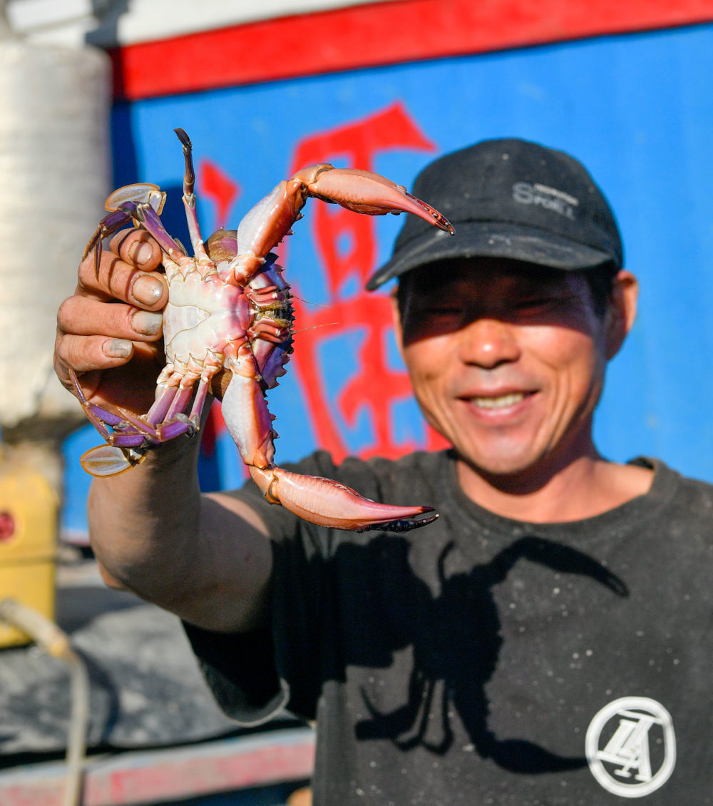 在天津市滨海新区大神堂码头,渔民展示捕获的海产品.