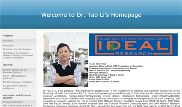 此前李涛在佛罗里达大学实验室的个人主页，现已无法访问。