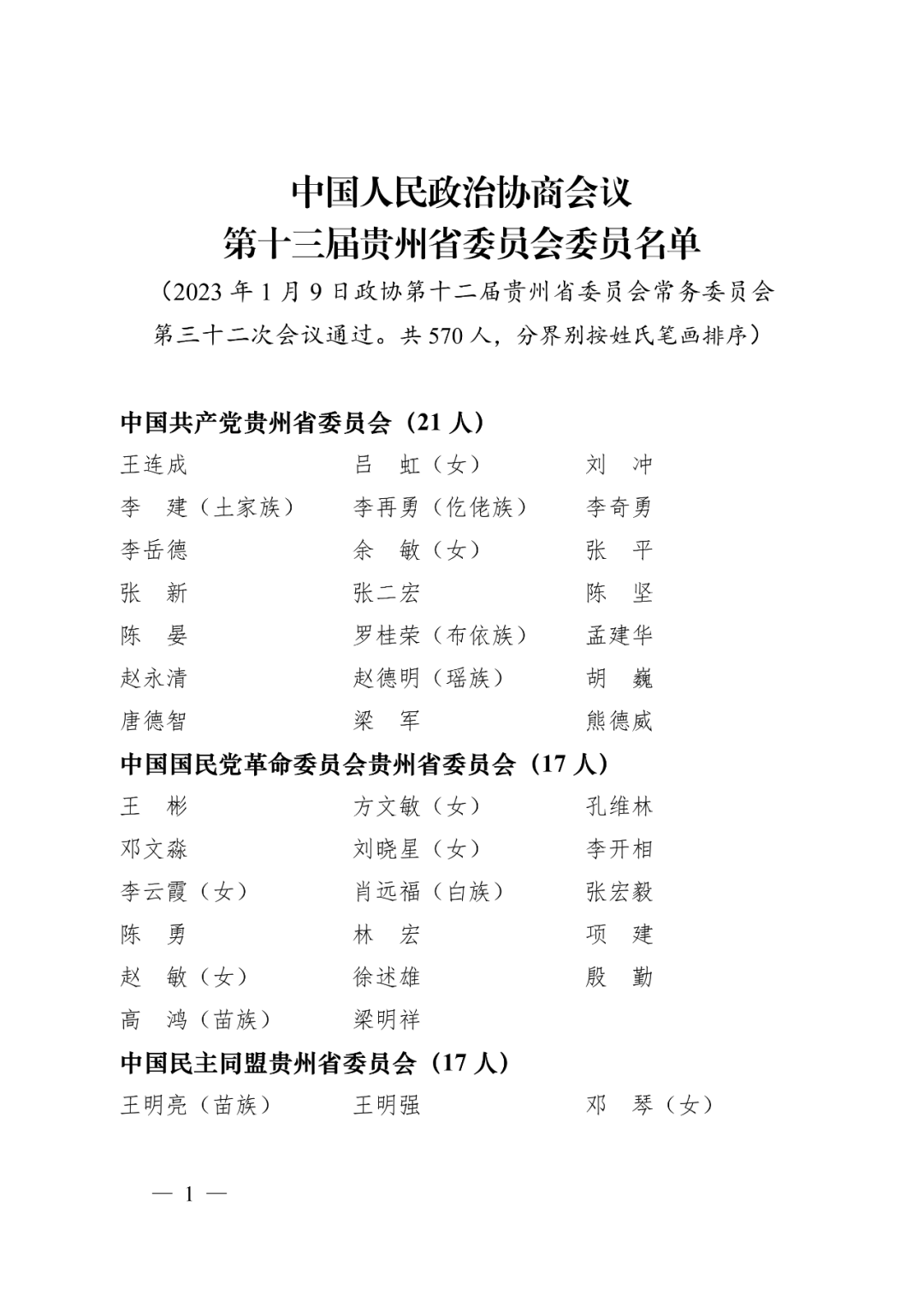 十三届贵州省政协委员名单公布