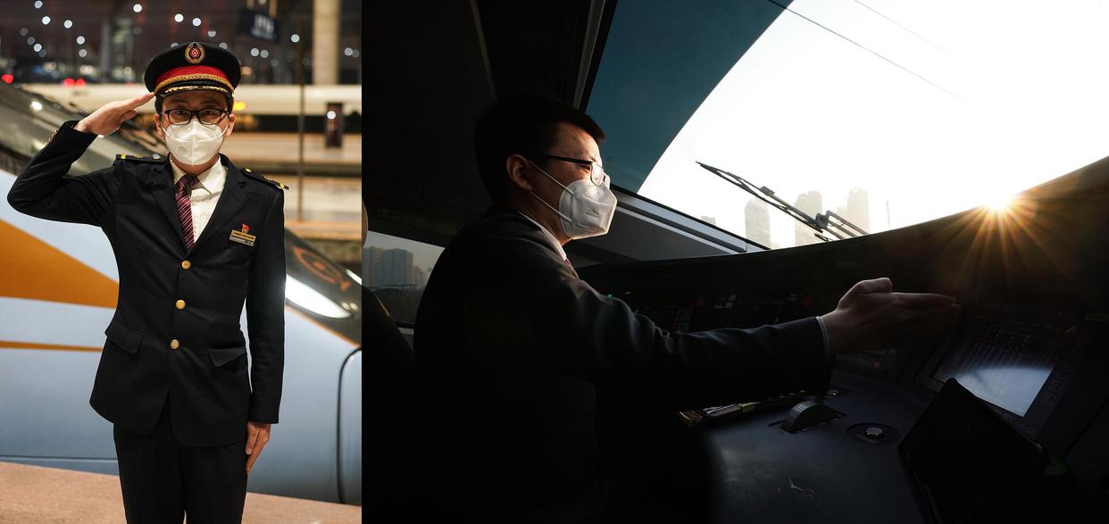 左图：动车组司机王晗在发车前留影；右图：王晗在驾驶动车组列车（拼版照片，1月9日摄）。新华社记者 季春鹏 摄