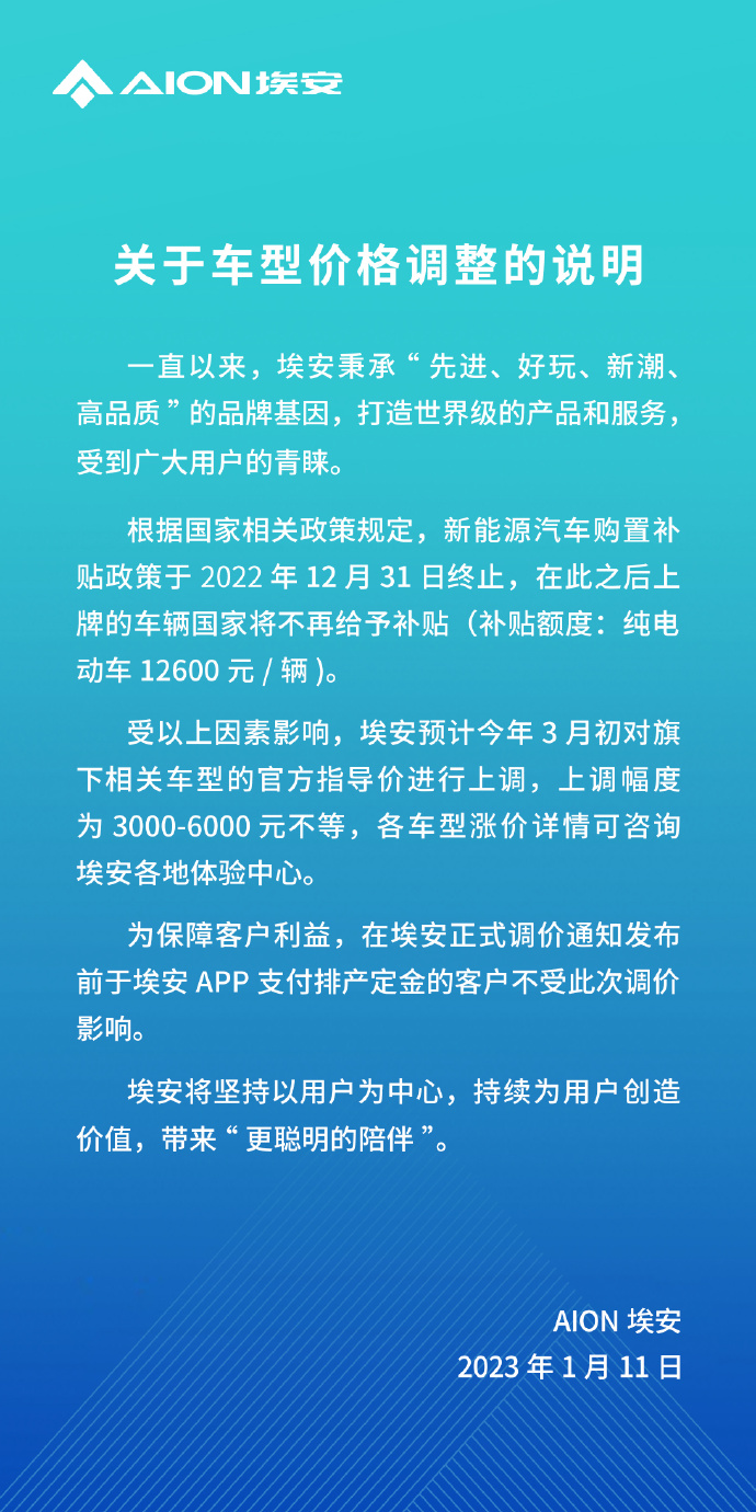 广汽埃安：预3月上调售价最高涨幅6000元