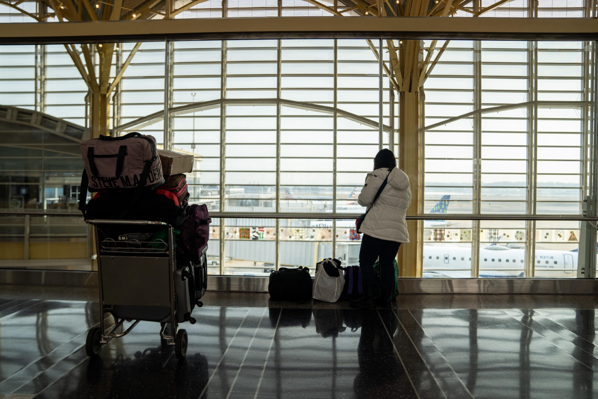 ▲当地时间1月11日，一名旅客在美国弗吉尼亚州阿灵顿里根国家机场等待。图/新华社