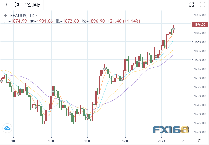 （现货黄金日线图，来源：FX168）