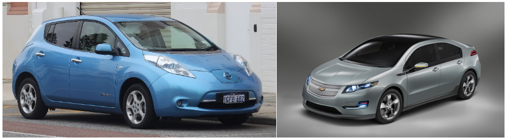 图片：第一代纯电汽车，如日产聆风(左)和雪佛兰volt(右)