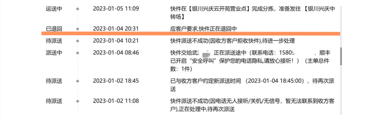 ↑“运单追踪”显示1月4日包裹被拒收