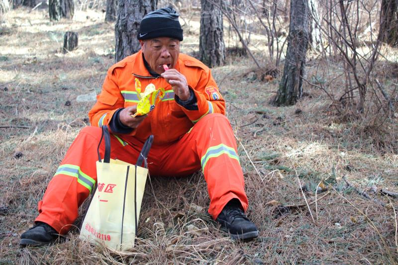 段金龙在林中吃简单的午餐.