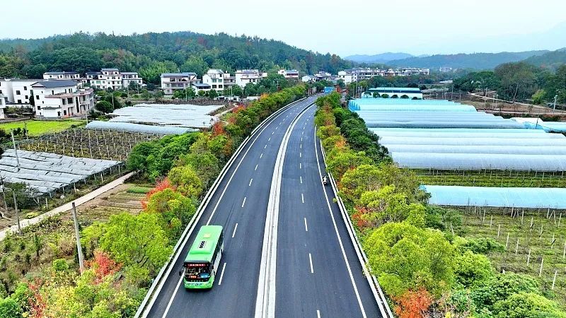 △江西赣州：柏油公路修进新农村，沿线民居林立绿意盎然。