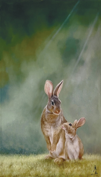 图为黄广亮创作的系列油画《兔年画兔》之《春天里》.李浩摄