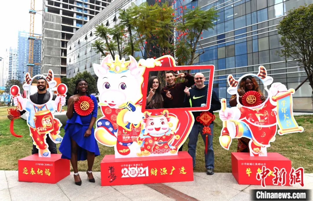 四川成都,外籍友人与生肖立牌合影.安源 摄