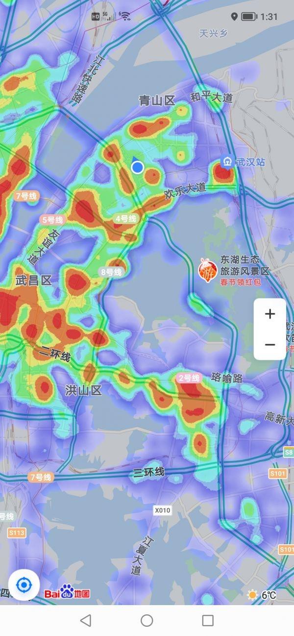 1月27日中午2时,记者打开百度地图,点击武汉热力图,红色区域已占1/3.