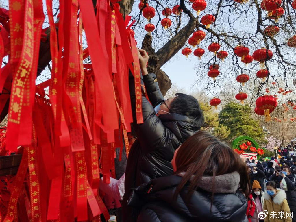北京八大处公园,一位游客正在许愿树前祈福.